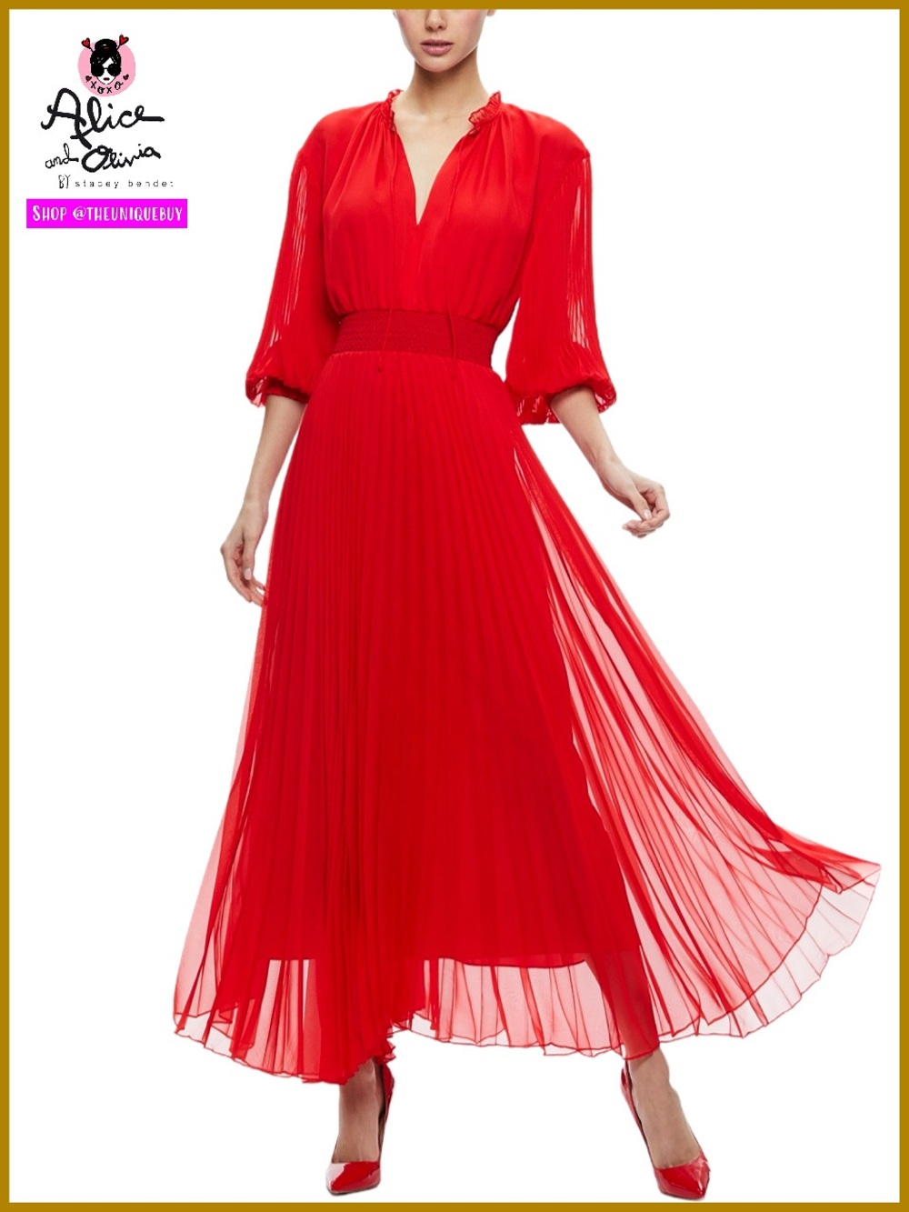 Alice + Olivia Vernia Blouson Sleeve Pleated Ruby Red Maxi Dress